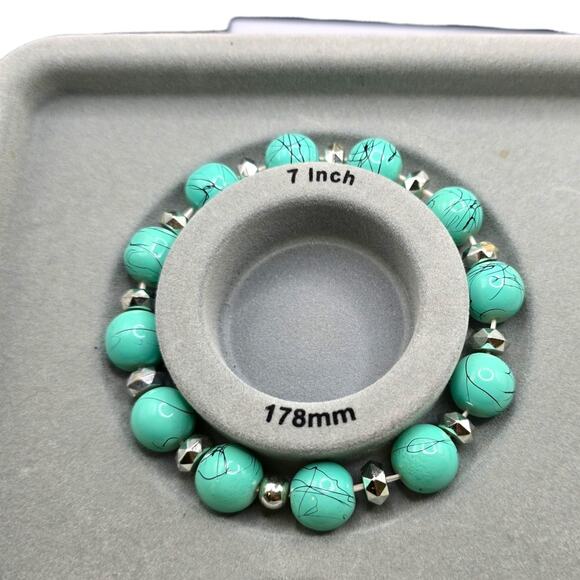 Aqua Blue Stretch Bracelet Black Lines Painted Round Shaped Acrylic Beads Adjust - Picture 3 of 6